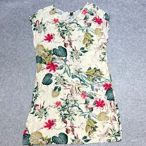 Emery Rose Womens Medium Tropical Floral Shift Dress Cream Green Red Rayon Blend